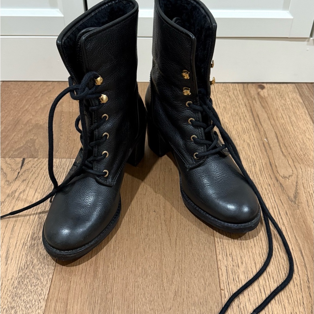 Hunter Black Leather Combat Boots with Gold Accents